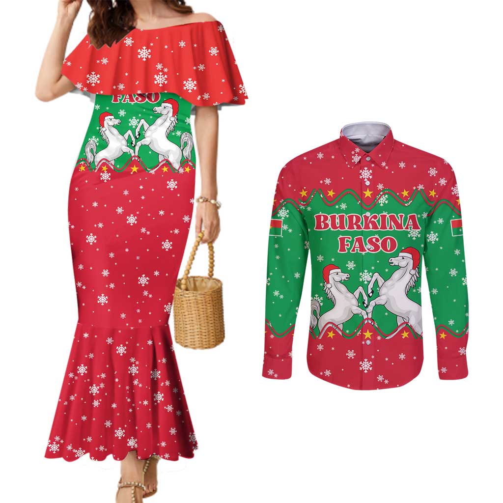Christmas Burkina Faso Couples Matching Mermaid Dress and Long Sleeve Button Shirt Snowflake Horses and Coat of Arms - Wonder Print Shop