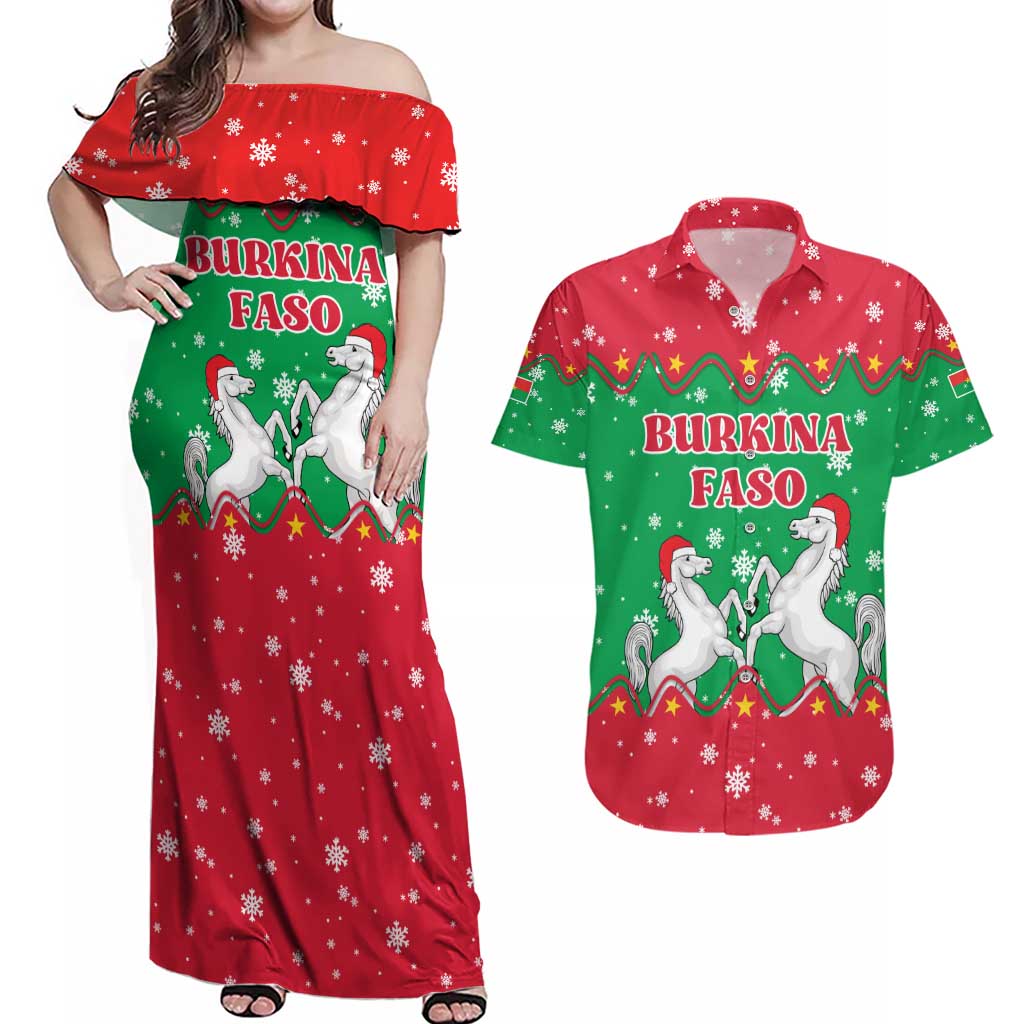 Christmas Burkina Faso Couples Matching Off Shoulder Maxi Dress and Hawaiian Shirt Snowflake Horses and Coat of Arms - Wonder Print Shop