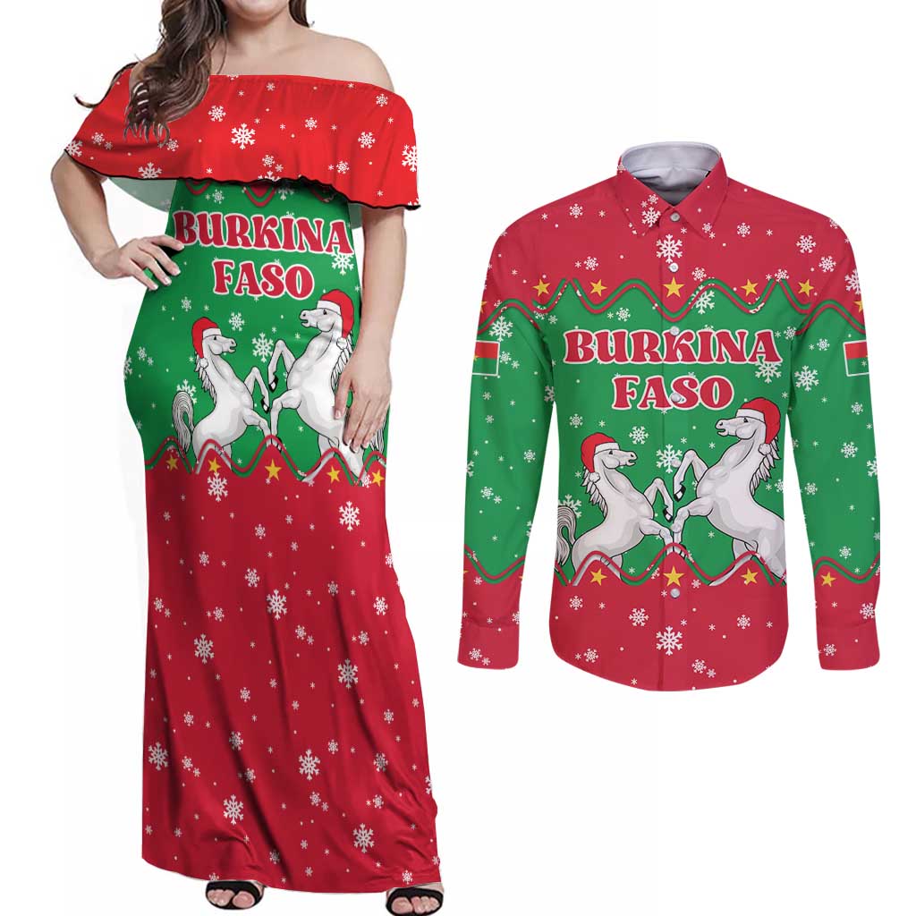 Christmas Burkina Faso Couples Matching Off Shoulder Maxi Dress and Long Sleeve Button Shirt Snowflake Horses and Coat of Arms - Wonder Print Shop
