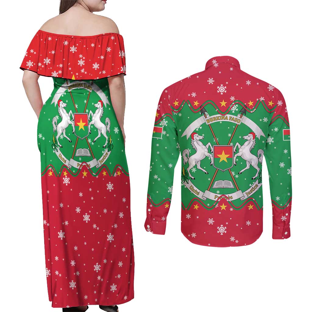 Christmas Burkina Faso Couples Matching Off Shoulder Maxi Dress and Long Sleeve Button Shirt Snowflake Horses and Coat of Arms - Wonder Print Shop