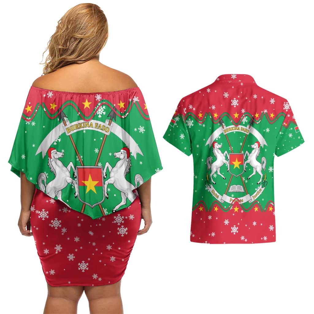 Christmas Burkina Faso Couples Matching Off Shoulder Short Dress and Hawaiian Shirt Snowflake Horses and Coat of Arms - Wonder Print Shop