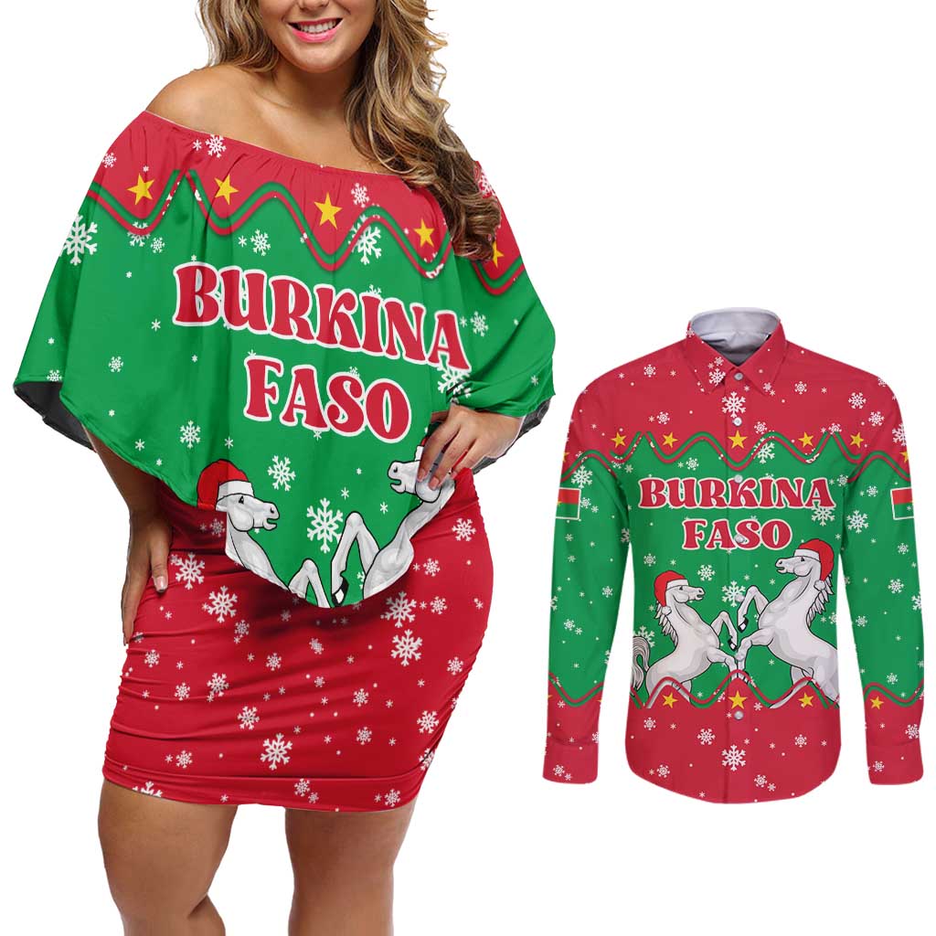 Christmas Burkina Faso Couples Matching Off Shoulder Short Dress and Long Sleeve Button Shirt Snowflake Horses and Coat of Arms - Wonder Print Shop
