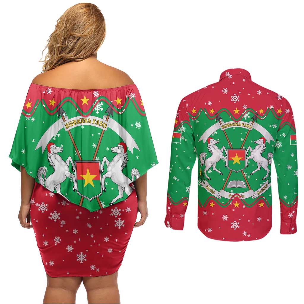 Christmas Burkina Faso Couples Matching Off Shoulder Short Dress and Long Sleeve Button Shirt Snowflake Horses and Coat of Arms - Wonder Print Shop