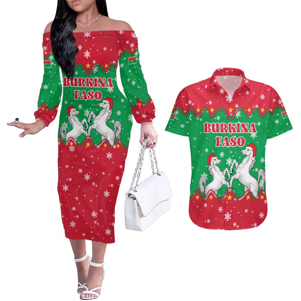 Christmas Burkina Faso Couples Matching Off The Shoulder Long Sleeve Dress and Hawaiian Shirt Snowflake Horses and Coat of Arms - Wonder Print Shop