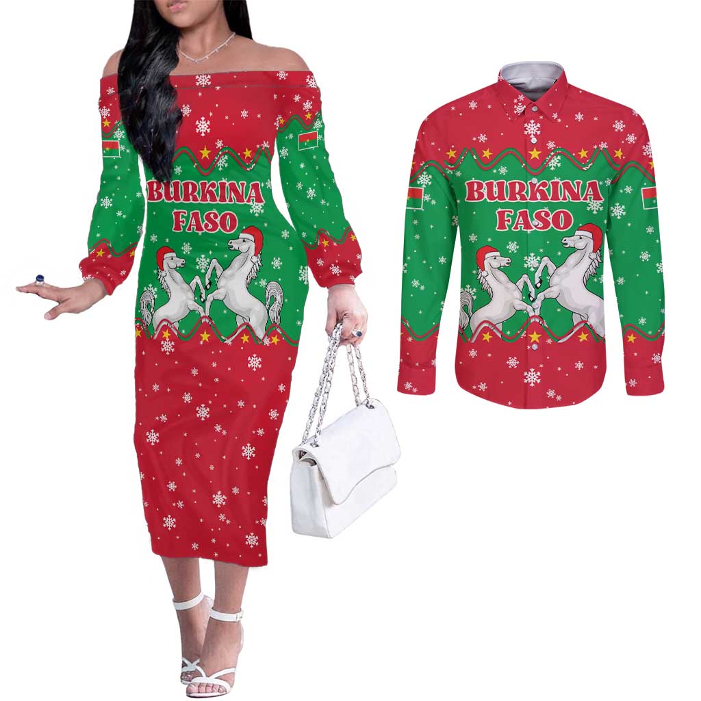 Christmas Burkina Faso Couples Matching Off The Shoulder Long Sleeve Dress and Long Sleeve Button Shirt Snowflake Horses and Coat of Arms - Wonder Print Shop