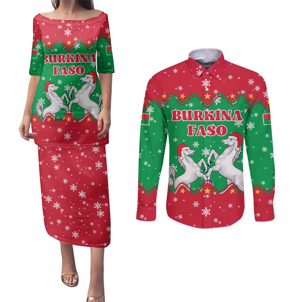 Christmas Burkina Faso Couples Matching Puletasi and Long Sleeve Button Shirt Snowflake Horses and Coat of Arms - Wonder Print Shop