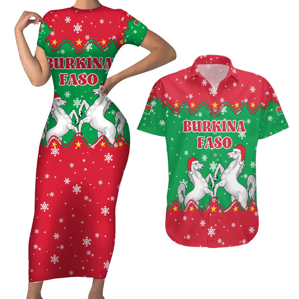 Christmas Burkina Faso Couples Matching Short Sleeve Bodycon Dress and Hawaiian Shirt Snowflake Horses and Coat of Arms - Wonder Print Shop