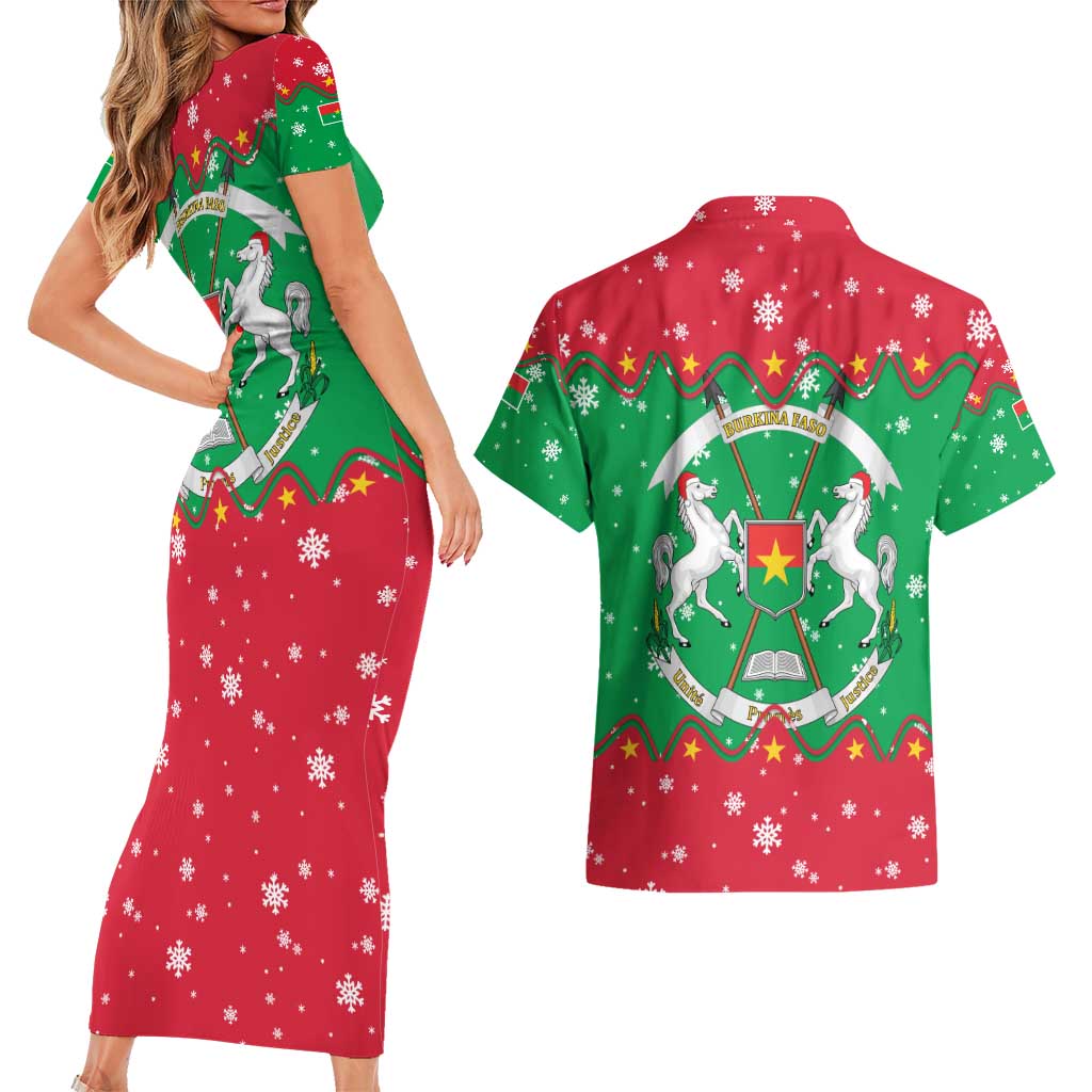 Christmas Burkina Faso Couples Matching Short Sleeve Bodycon Dress and Hawaiian Shirt Snowflake Horses and Coat of Arms - Wonder Print Shop