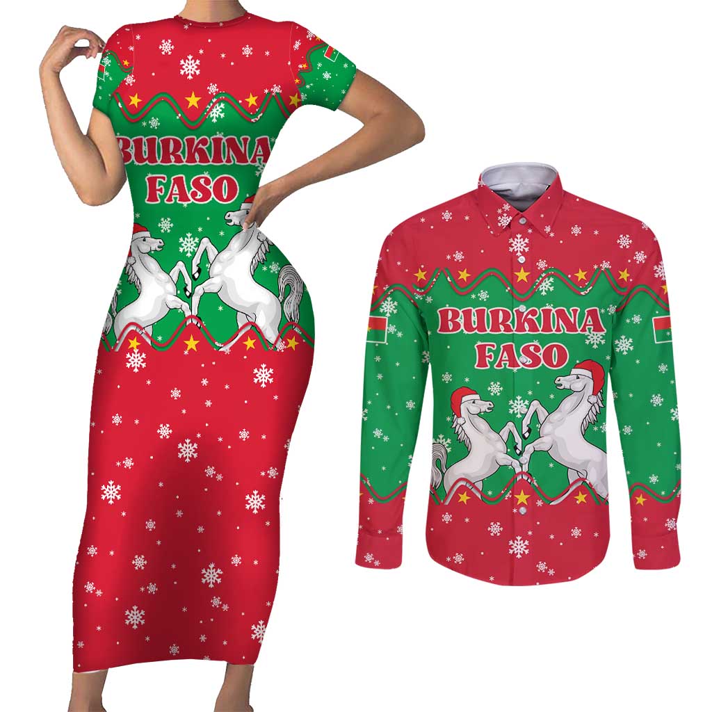 Christmas Burkina Faso Couples Matching Short Sleeve Bodycon Dress and Long Sleeve Button Shirt Snowflake Horses and Coat of Arms - Wonder Print Shop