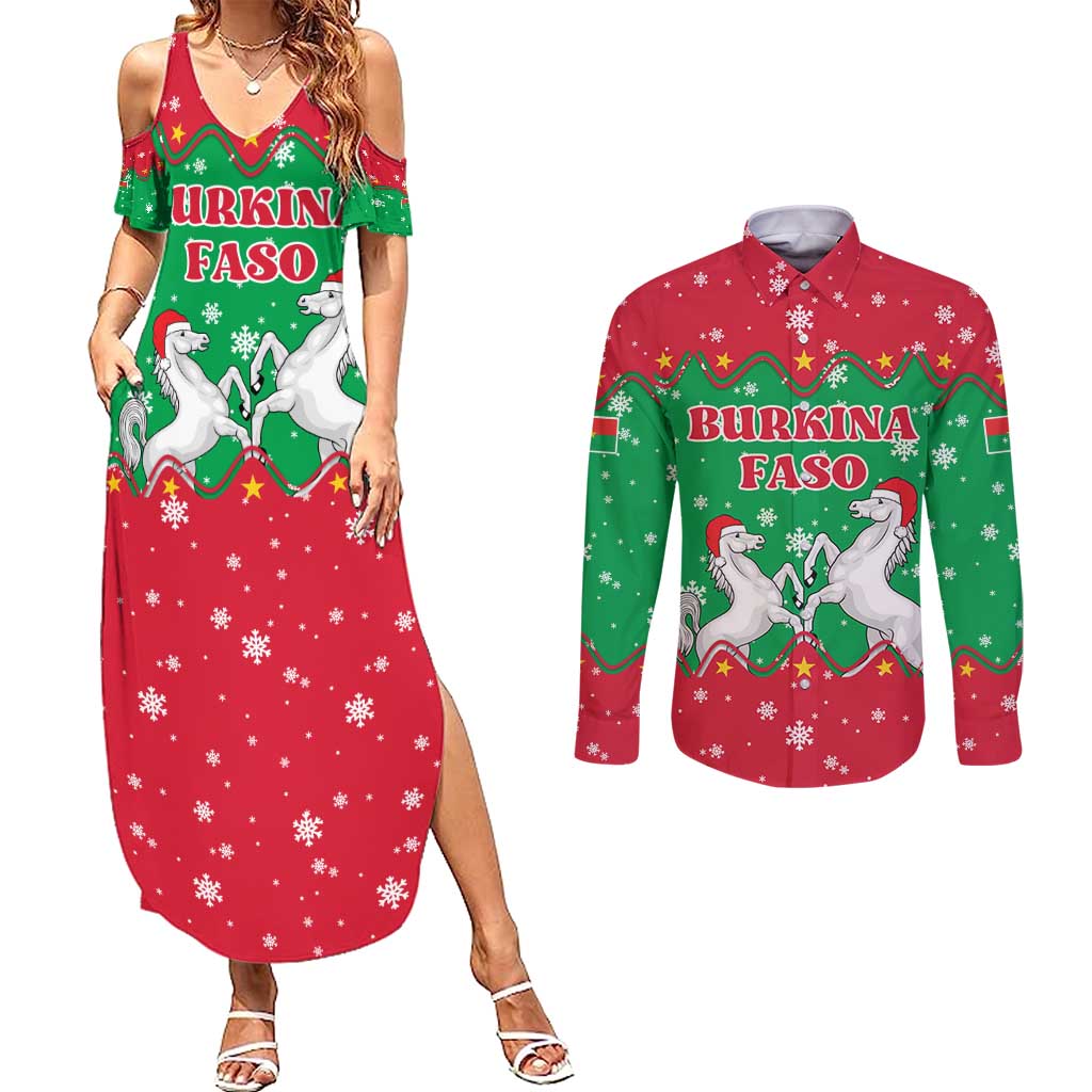 Christmas Burkina Faso Couples Matching Summer Maxi Dress and Long Sleeve Button Shirt Snowflake Horses and Coat of Arms - Wonder Print Shop