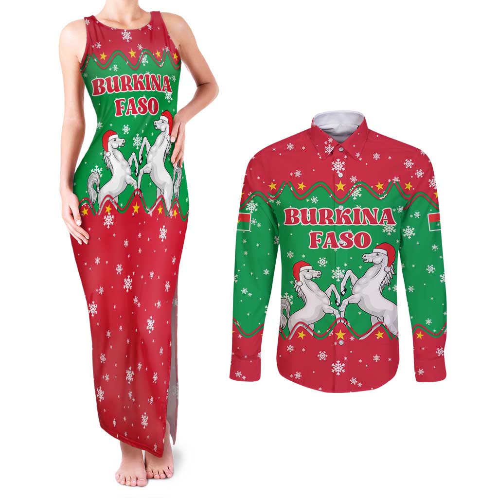 Christmas Burkina Faso Couples Matching Tank Maxi Dress and Long Sleeve Button Shirt Snowflake Horses and Coat of Arms - Wonder Print Shop