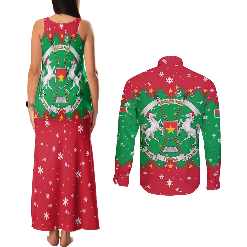 Christmas Burkina Faso Couples Matching Tank Maxi Dress and Long Sleeve Button Shirt Snowflake Horses and Coat of Arms - Wonder Print Shop