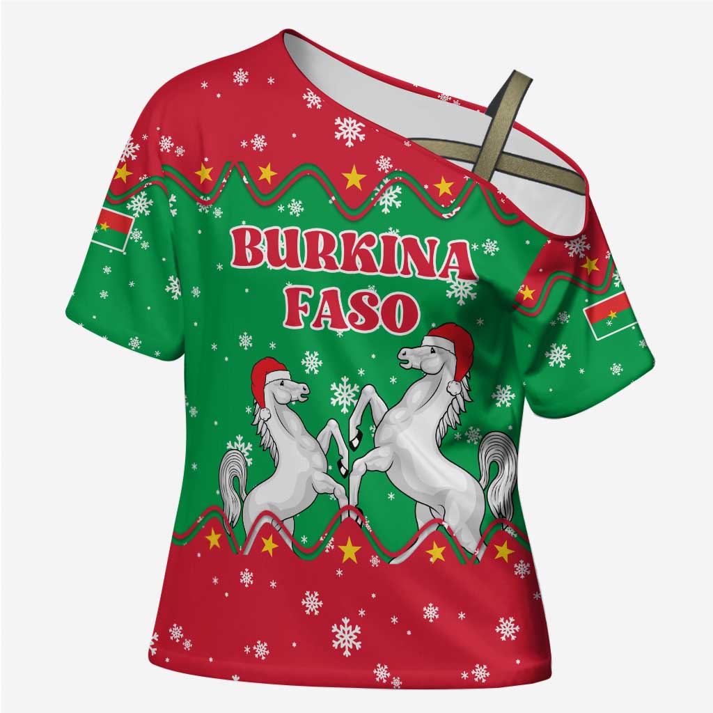 Christmas Burkina Faso Cross Shoulder Shirt Snowflake Horses and Coat of Arms - Wonder Print Shop