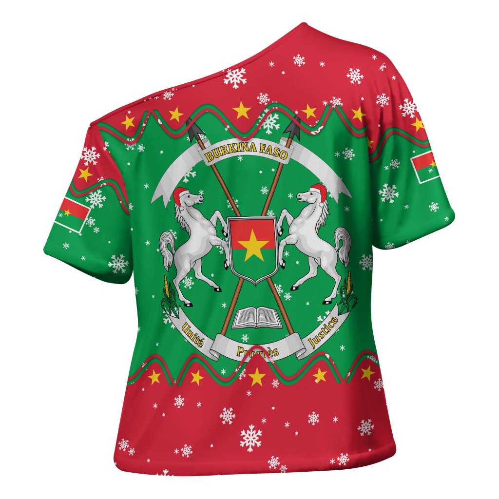 Christmas Burkina Faso Cross Shoulder Shirt Snowflake Horses and Coat of Arms - Wonder Print Shop