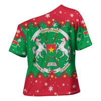 Christmas Burkina Faso Cross Shoulder Shirt Snowflake Horses and Coat of Arms - Wonder Print Shop