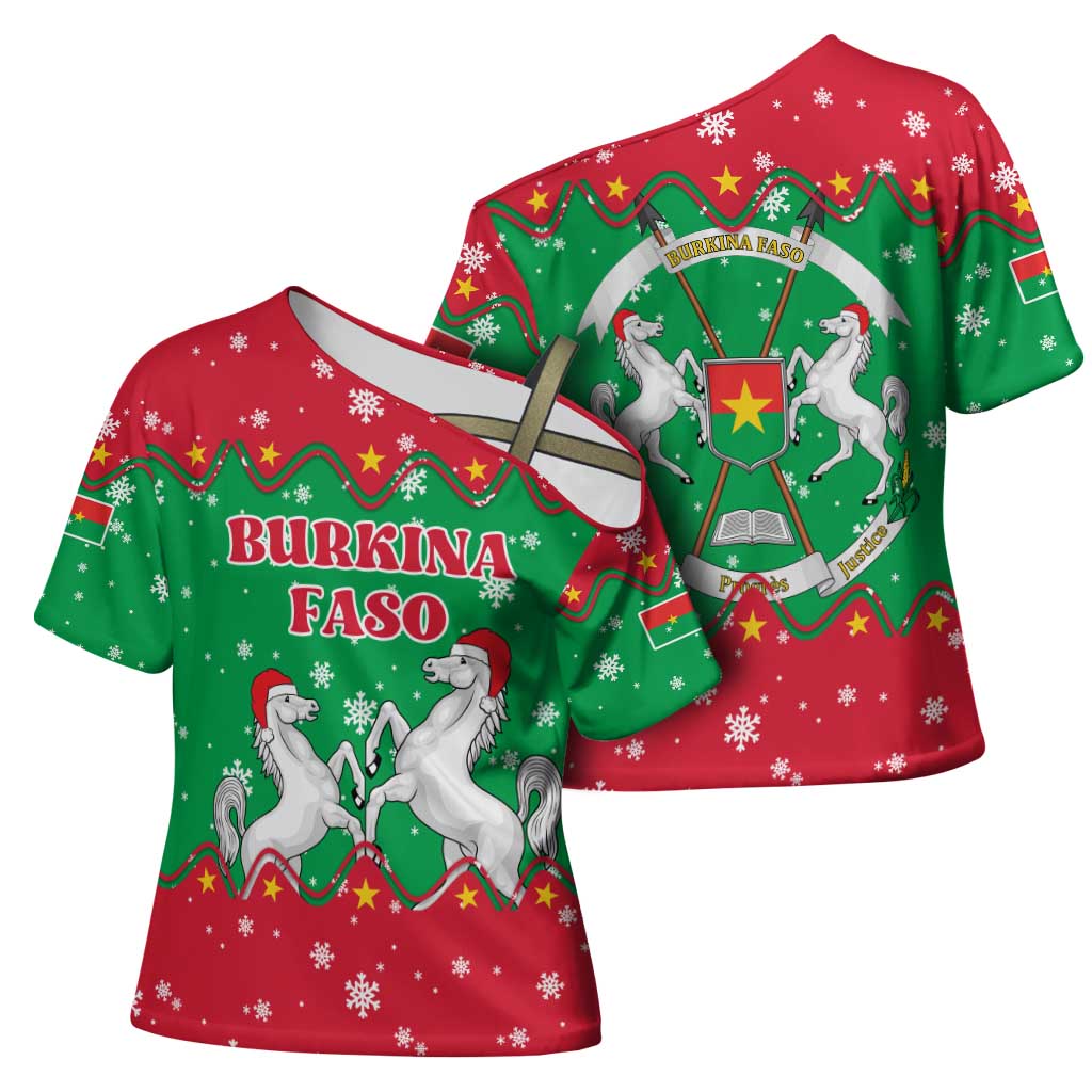 Christmas Burkina Faso Cross Shoulder Shirt Snowflake Horses and Coat of Arms - Wonder Print Shop