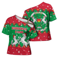 Christmas Burkina Faso Cross Shoulder Shirt Snowflake Horses and Coat of Arms - Wonder Print Shop