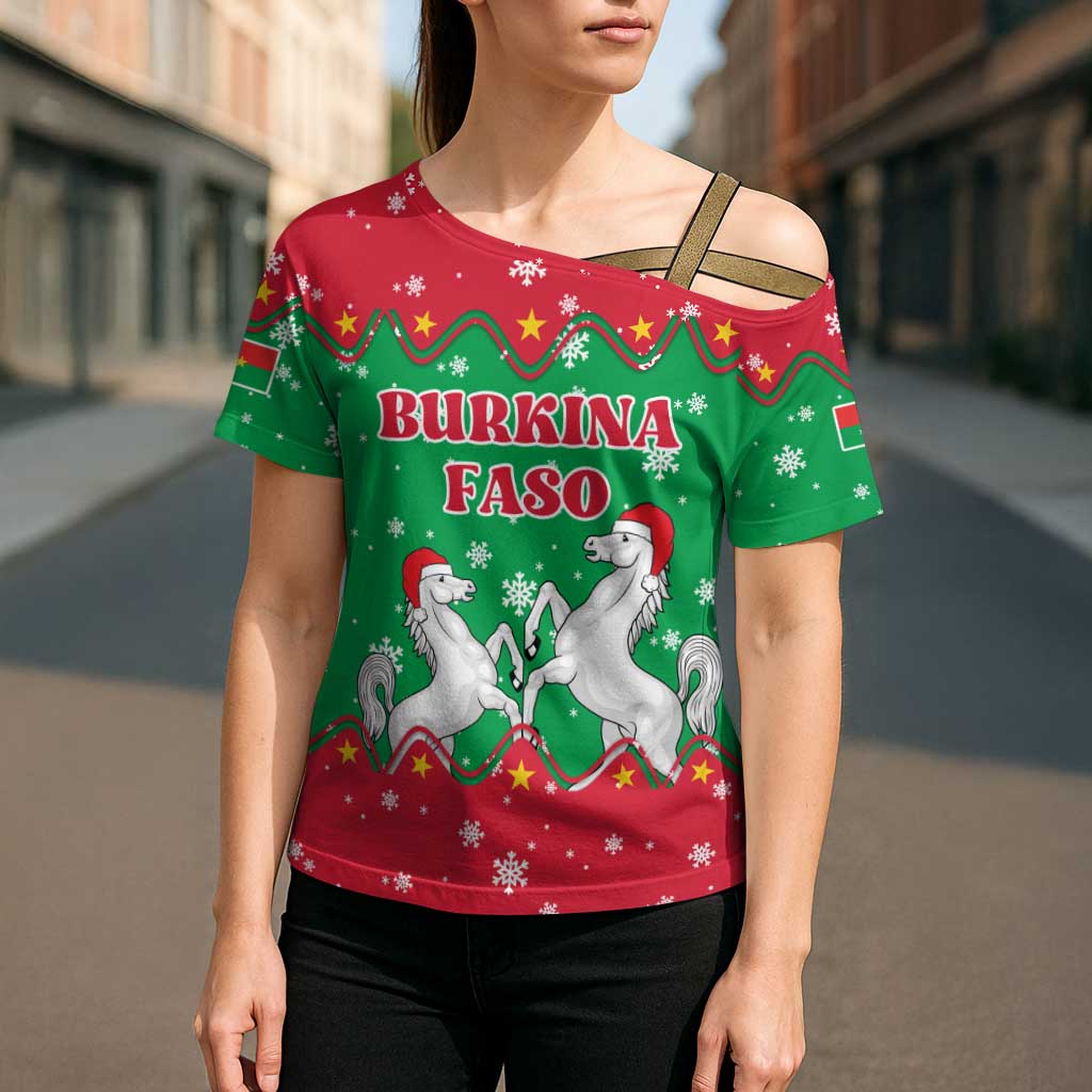 Christmas Burkina Faso Cross Shoulder Shirt Snowflake Horses and Coat of Arms - Wonder Print Shop
