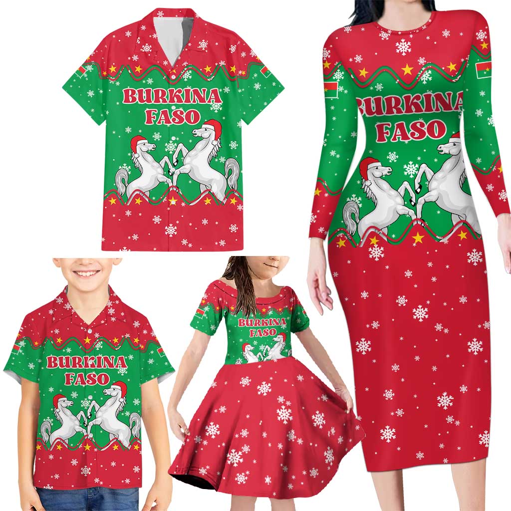 Christmas Burkina Faso Family Matching Long Sleeve Bodycon Dress and Hawaiian Shirt Snowflake Horses and Coat of Arms - Wonder Print Shop