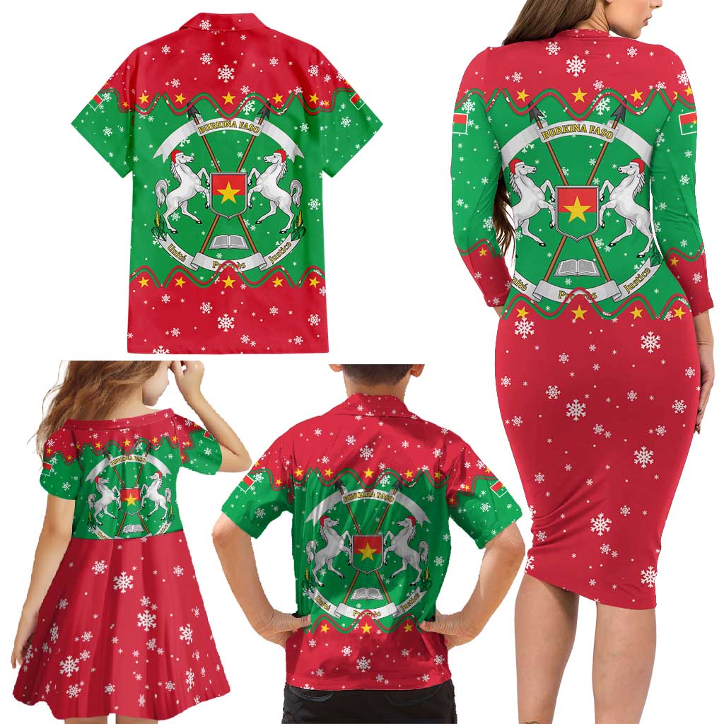 Christmas Burkina Faso Family Matching Long Sleeve Bodycon Dress and Hawaiian Shirt Snowflake Horses and Coat of Arms - Wonder Print Shop