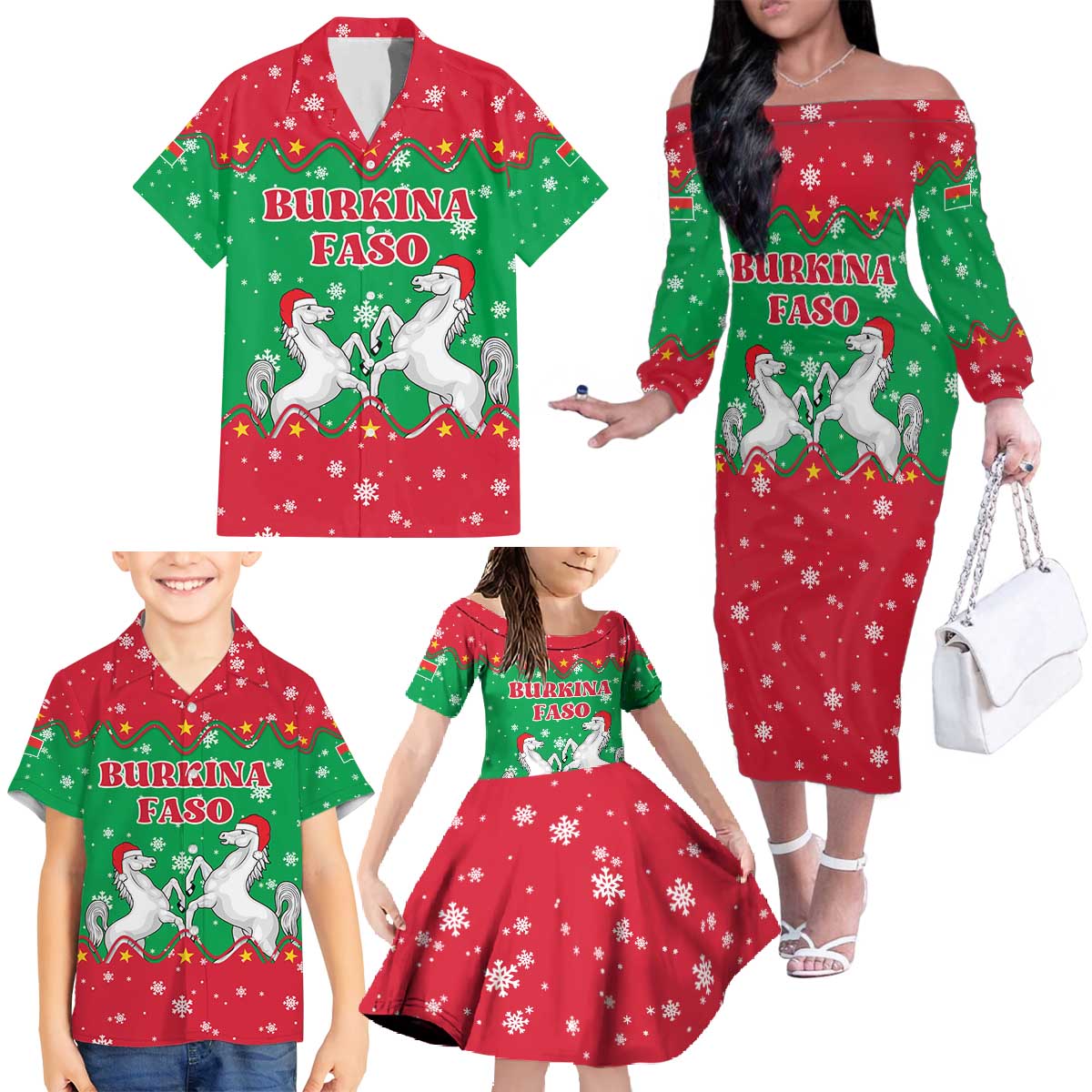 Christmas Burkina Faso Family Matching Off The Shoulder Long Sleeve Dress and Hawaiian Shirt Snowflake Horses and Coat of Arms - Wonder Print Shop