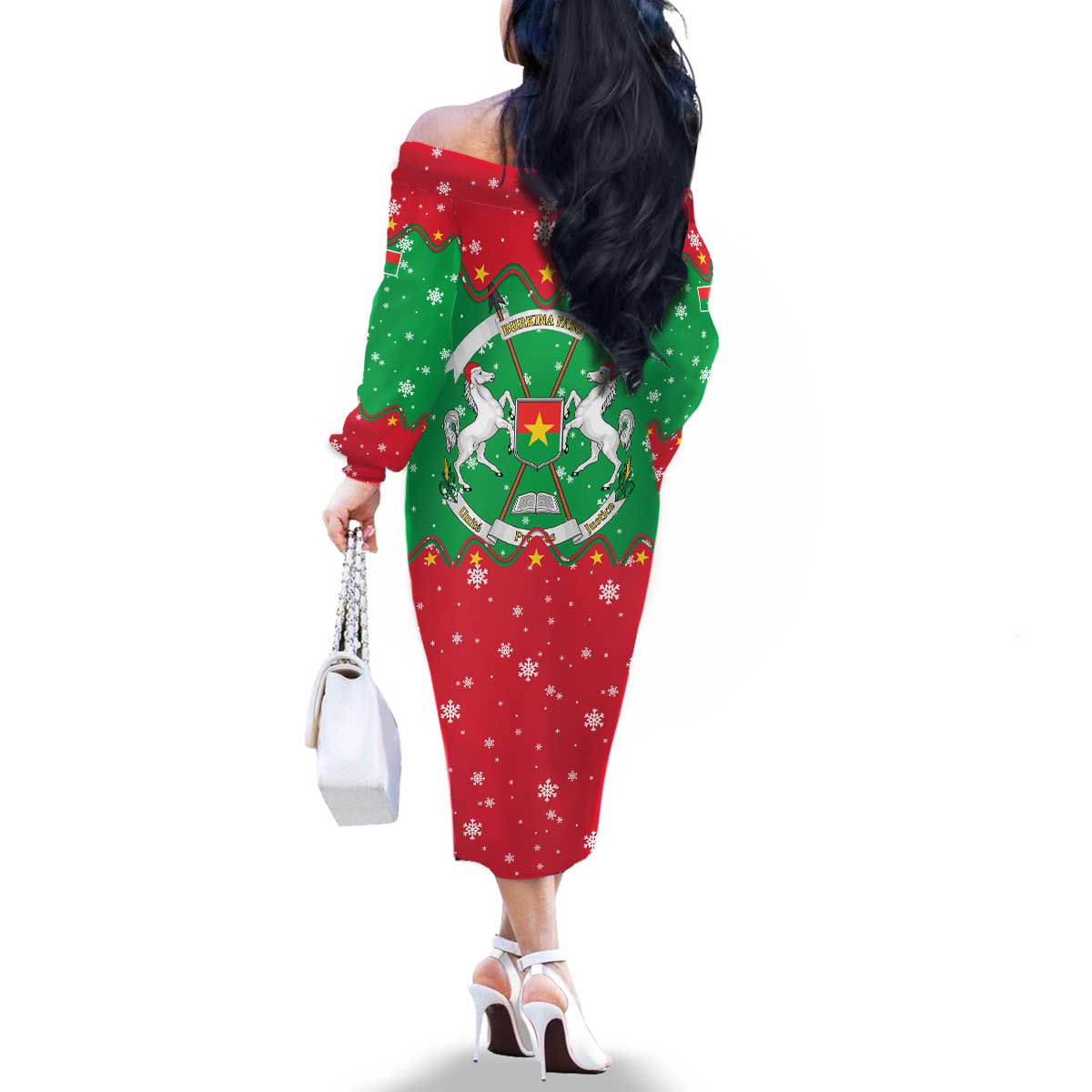 Christmas Burkina Faso Family Matching Off The Shoulder Long Sleeve Dress and Hawaiian Shirt Snowflake Horses and Coat of Arms - Wonder Print Shop