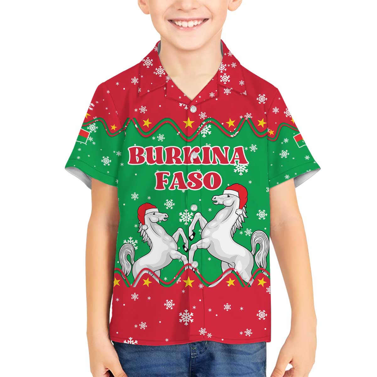 Christmas Burkina Faso Family Matching Off The Shoulder Long Sleeve Dress and Hawaiian Shirt Snowflake Horses and Coat of Arms - Wonder Print Shop