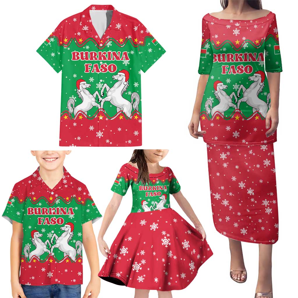 Christmas Burkina Faso Family Matching Puletasi and Hawaiian Shirt Snowflake Horses and Coat of Arms - Wonder Print Shop