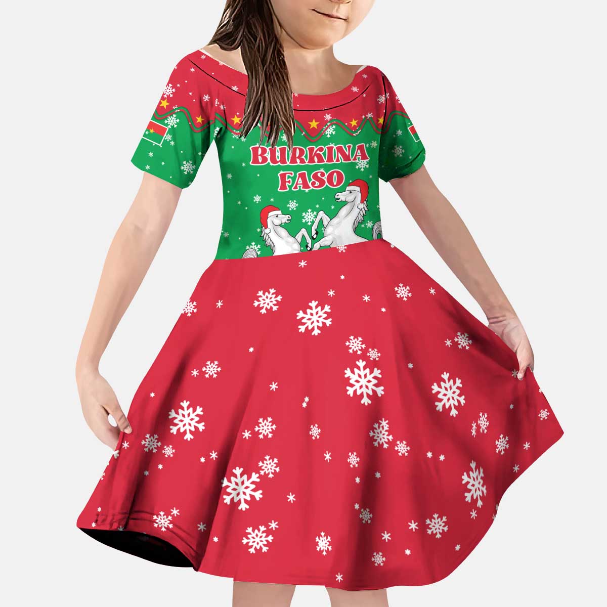Christmas Burkina Faso Kid Short Sleeve Dress Snowflake Horses and Coat of Arms - Wonder Print Shop
