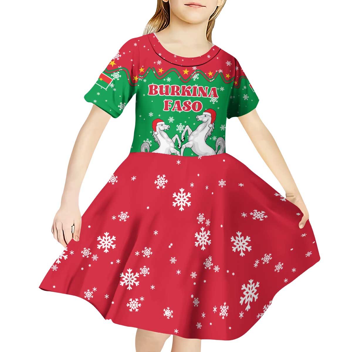 Christmas Burkina Faso Kid Short Sleeve Dress Snowflake Horses and Coat of Arms - Wonder Print Shop