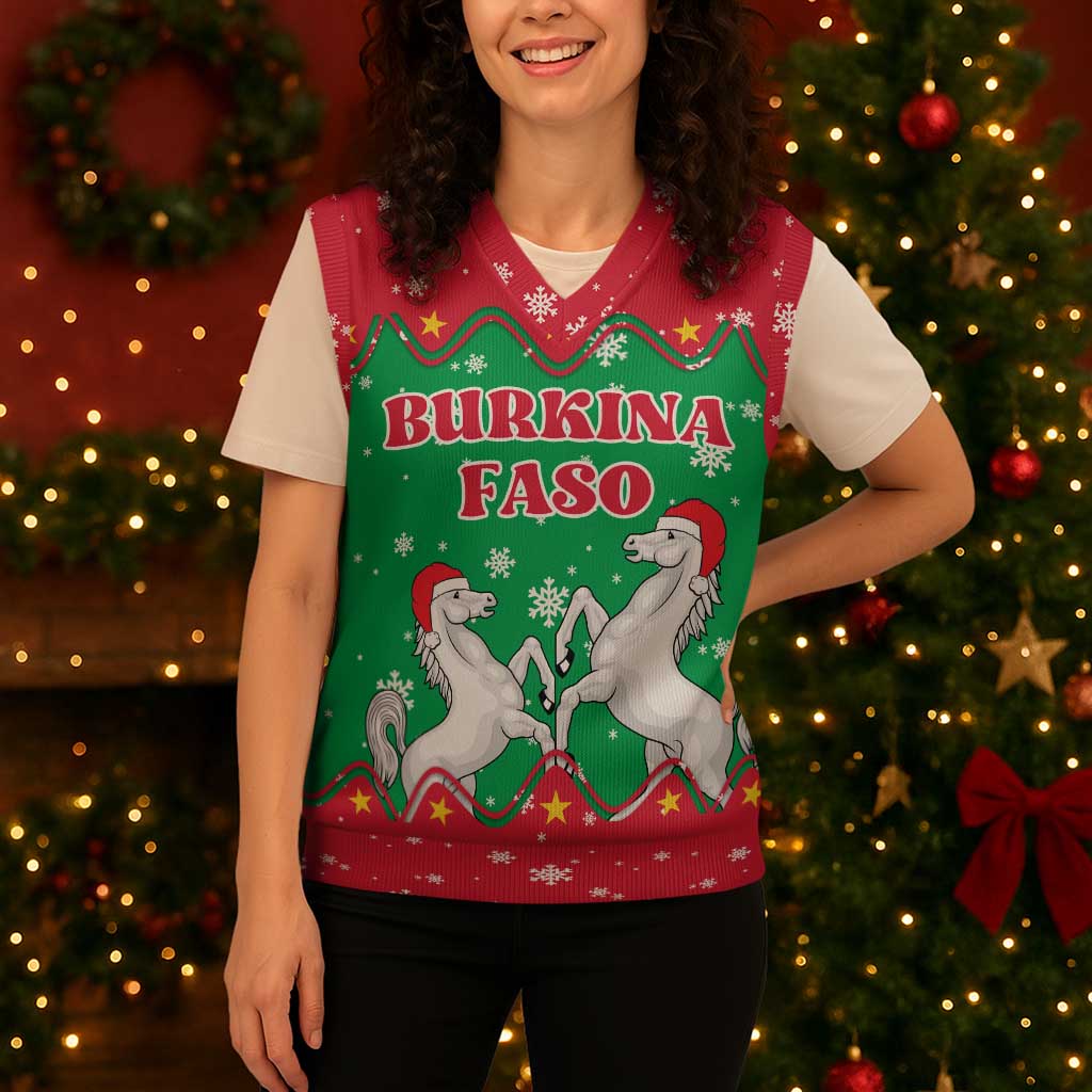 Christmas Burkina Faso Christmas Knitted V-Neck Vest Snowflake Horses and Coat of Arms - Wonder Print Shop