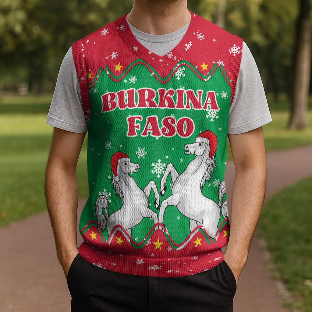 Christmas Burkina Faso Christmas Knitted V-Neck Vest Snowflake Horses and Coat of Arms - Wonder Print Shop