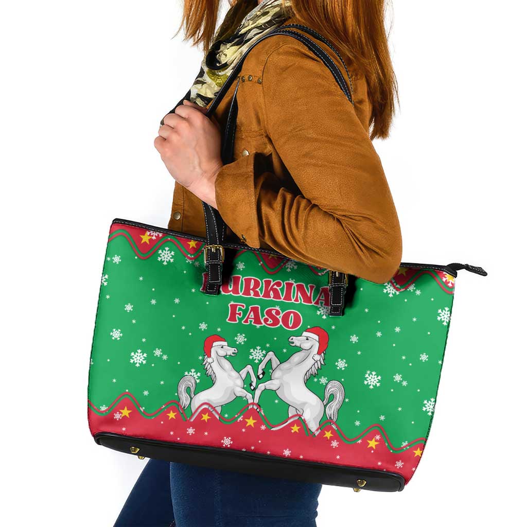 Christmas Burkina Faso Leather Tote Bag Snowflake Horses and Coat of Arms - Wonder Print Shop