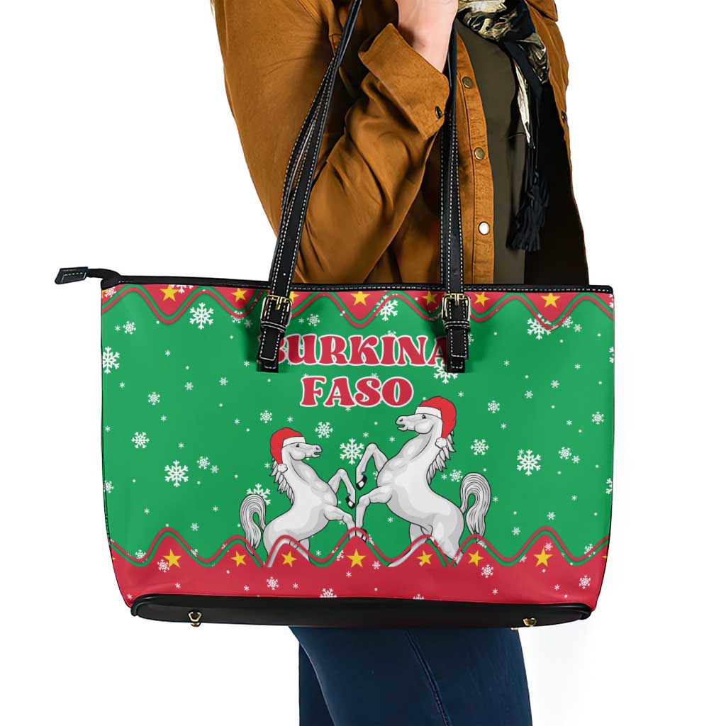 Christmas Burkina Faso Leather Tote Bag Snowflake Horses and Coat of Arms - Wonder Print Shop