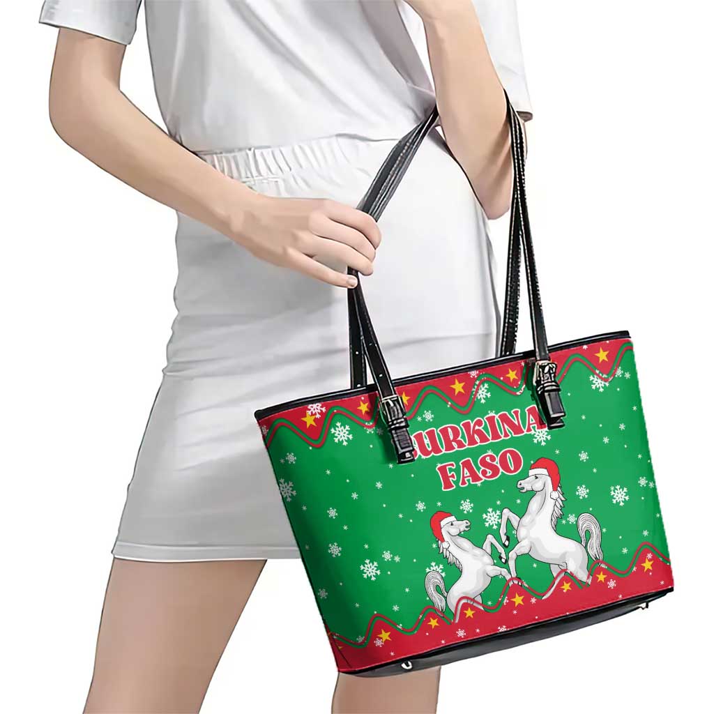 Christmas Burkina Faso Leather Tote Bag Snowflake Horses and Coat of Arms - Wonder Print Shop