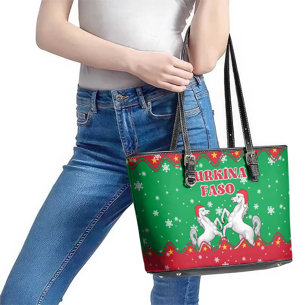 Christmas Burkina Faso Leather Tote Bag Snowflake Horses and Coat of Arms - Wonder Print Shop