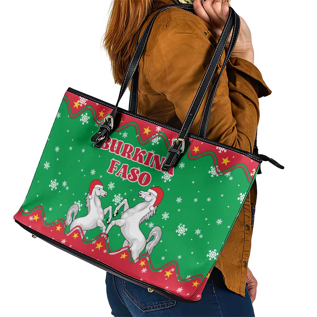 Christmas Burkina Faso Leather Tote Bag Snowflake Horses and Coat of Arms - Wonder Print Shop