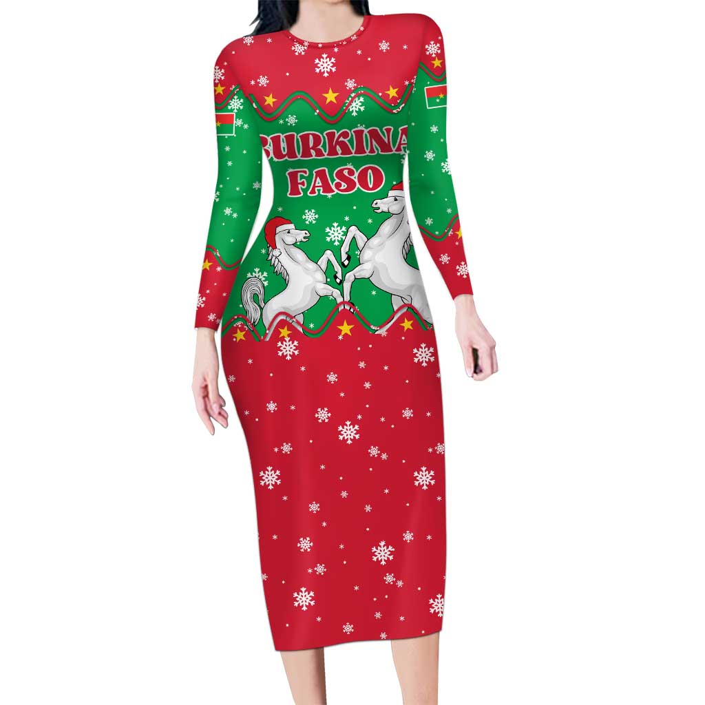 Christmas Burkina Faso Long Sleeve Bodycon Dress Snowflake Horses and Coat of Arms - Wonder Print Shop