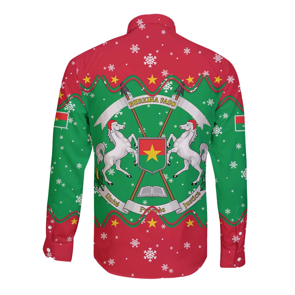 Christmas Burkina Faso Long Sleeve Button Shirt Snowflake Horses and Coat of Arms - Wonder Print Shop