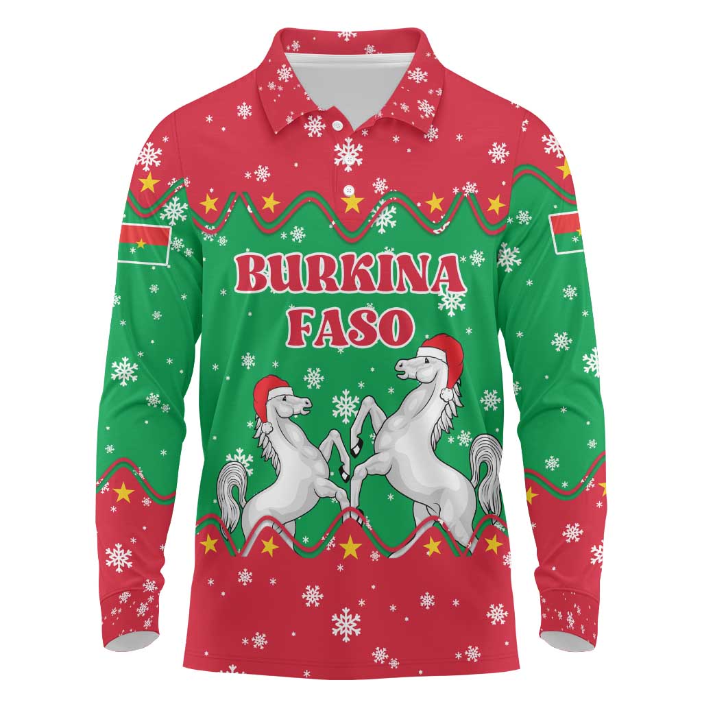 Christmas Burkina Faso Long Sleeve Polo Shirt Snowflake Horses and Coat of Arms - Wonder Print Shop