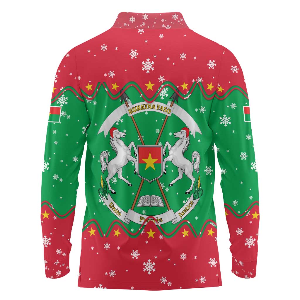 Christmas Burkina Faso Long Sleeve Polo Shirt Snowflake Horses and Coat of Arms - Wonder Print Shop