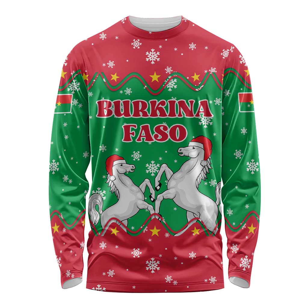 Christmas Burkina Faso Long Sleeve Shirt Snowflake Horses and Coat of Arms - Wonder Print Shop