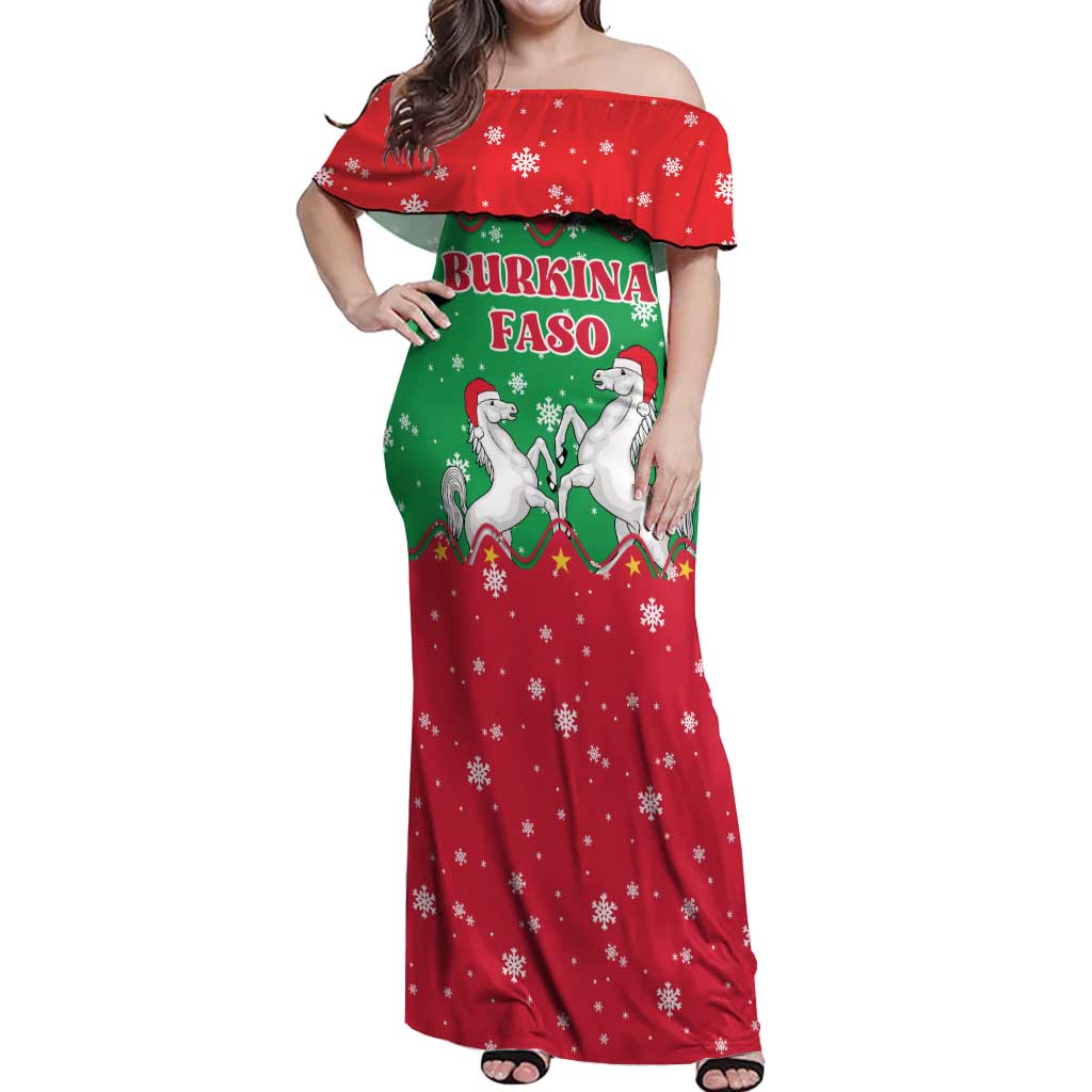 Christmas Burkina Faso Off Shoulder Maxi Dress Snowflake Horses and Coat of Arms - Wonder Print Shop