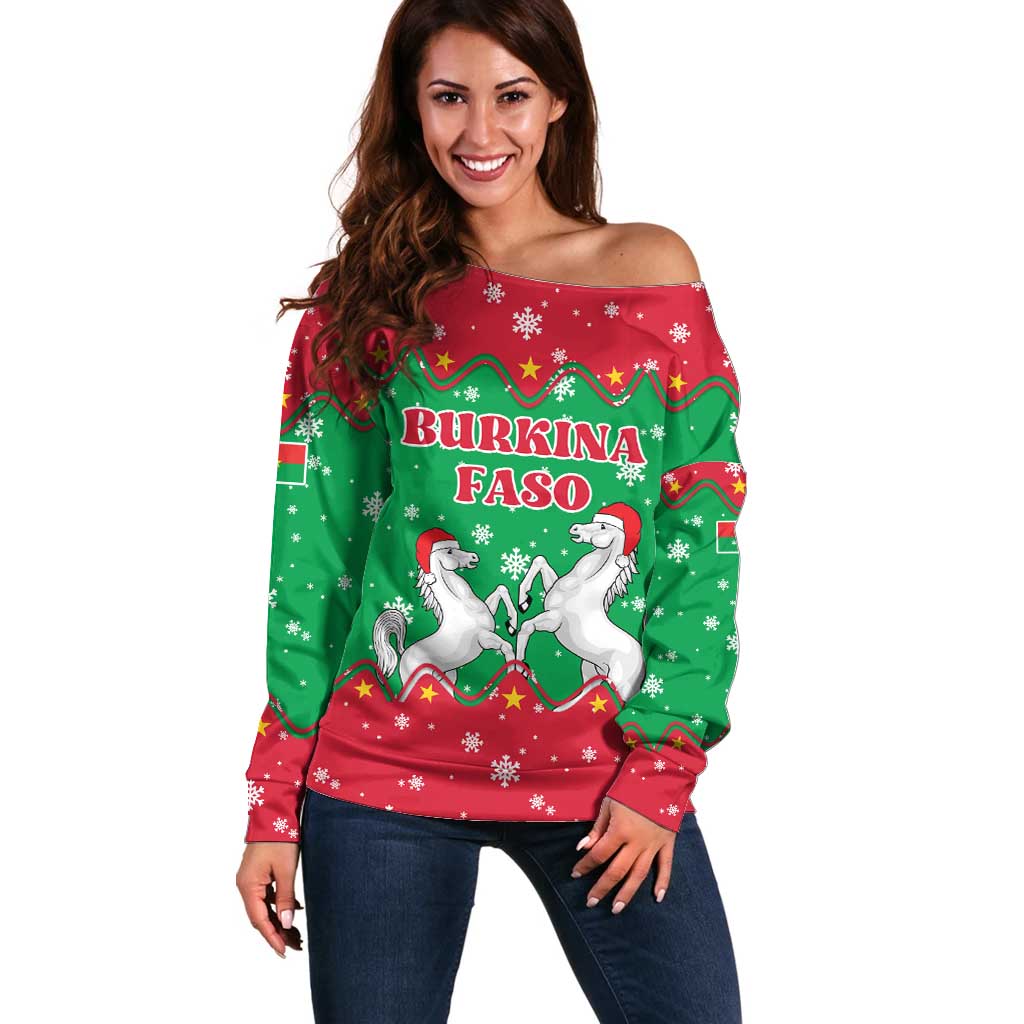 Christmas Burkina Faso Off Shoulder Sweater Snowflake Horses and Coat of Arms - Wonder Print Shop
