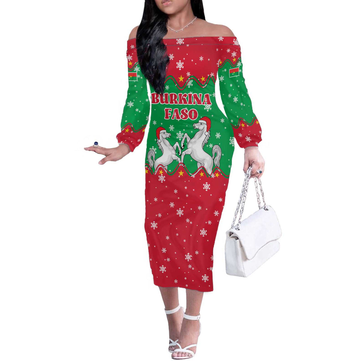 Christmas Burkina Faso Off The Shoulder Long Sleeve Dress Snowflake Horses and Coat of Arms - Wonder Print Shop
