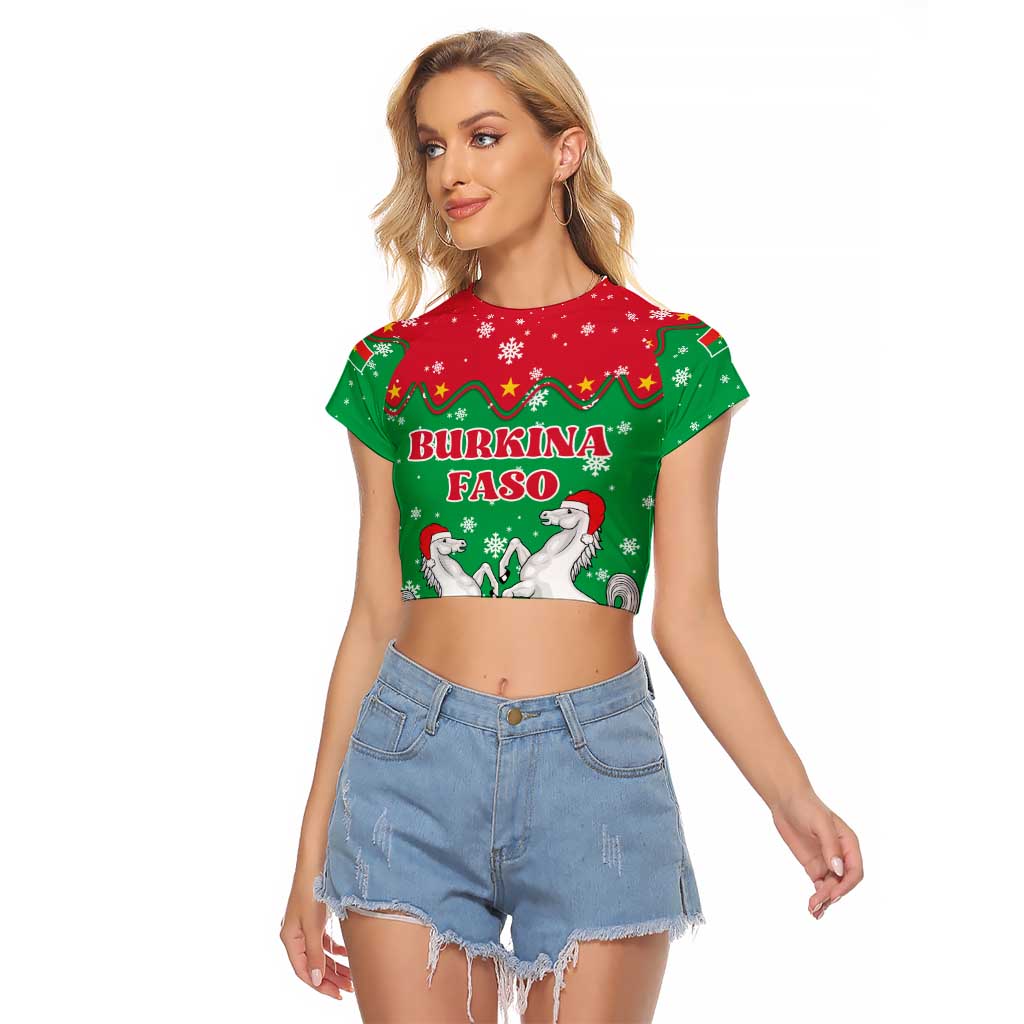 Christmas Burkina Faso Raglan Cropped T Shirt Snowflake Horses and Coat of Arms - Wonder Print Shop