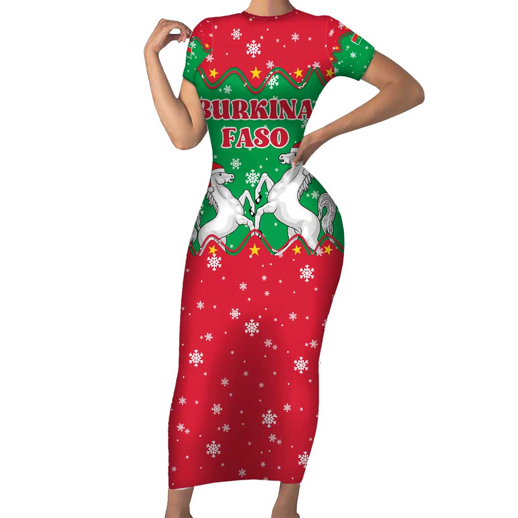 Christmas Burkina Faso Short Sleeve Bodycon Dress Snowflake Horses and Coat of Arms - Wonder Print Shop