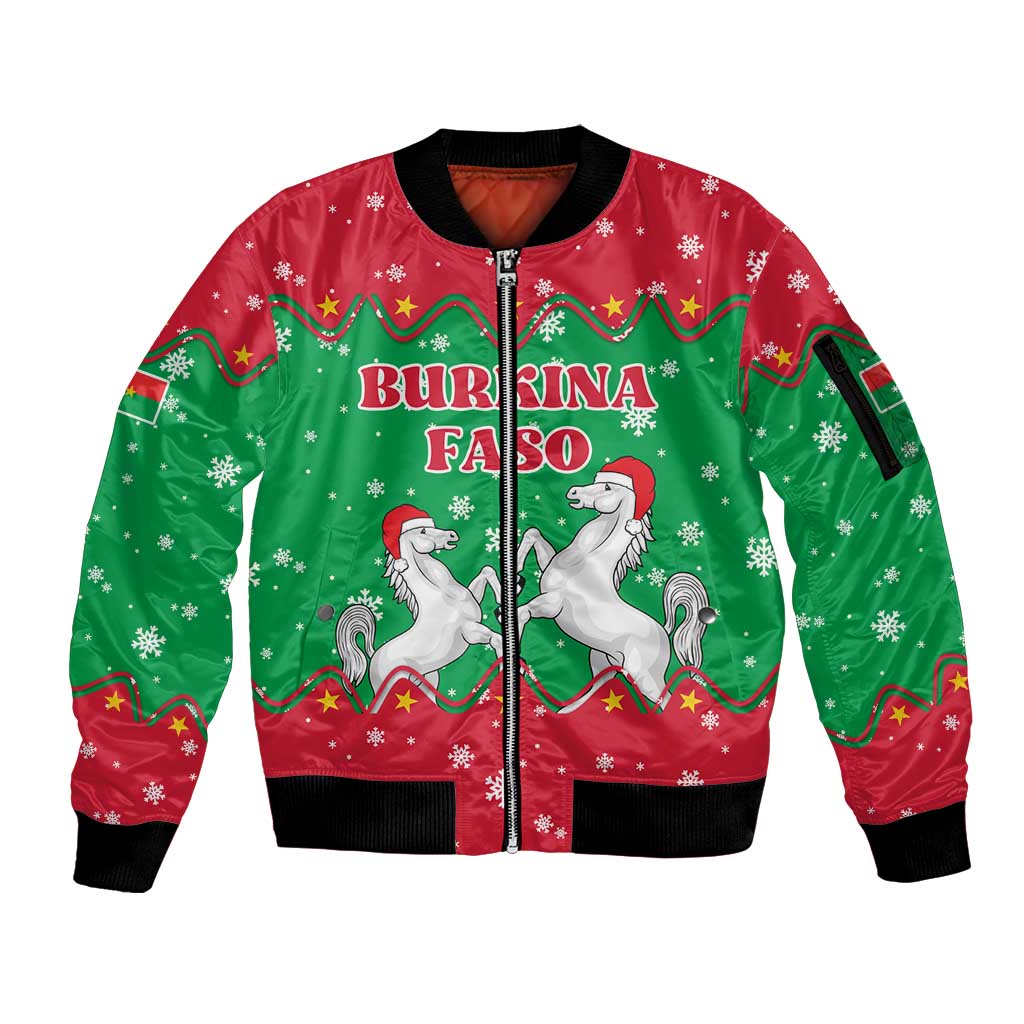 Christmas Burkina Faso Sleeve Zip Bomber Jacket Snowflake Horses and Coat of Arms - Wonder Print Shop