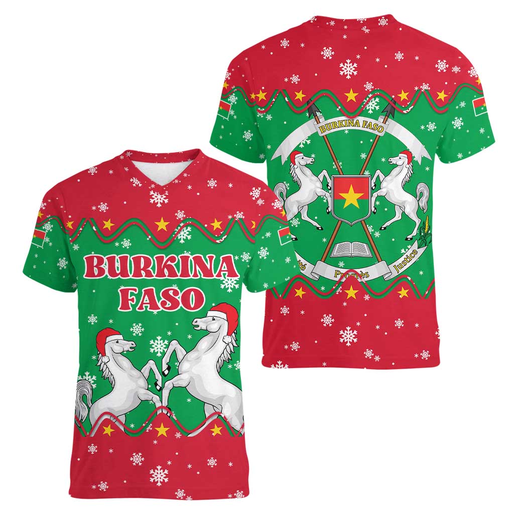 Christmas Burkina Faso Women V-Neck T-Shirt Snowflake Horses and Coat of Arms - Wonder Print Shop