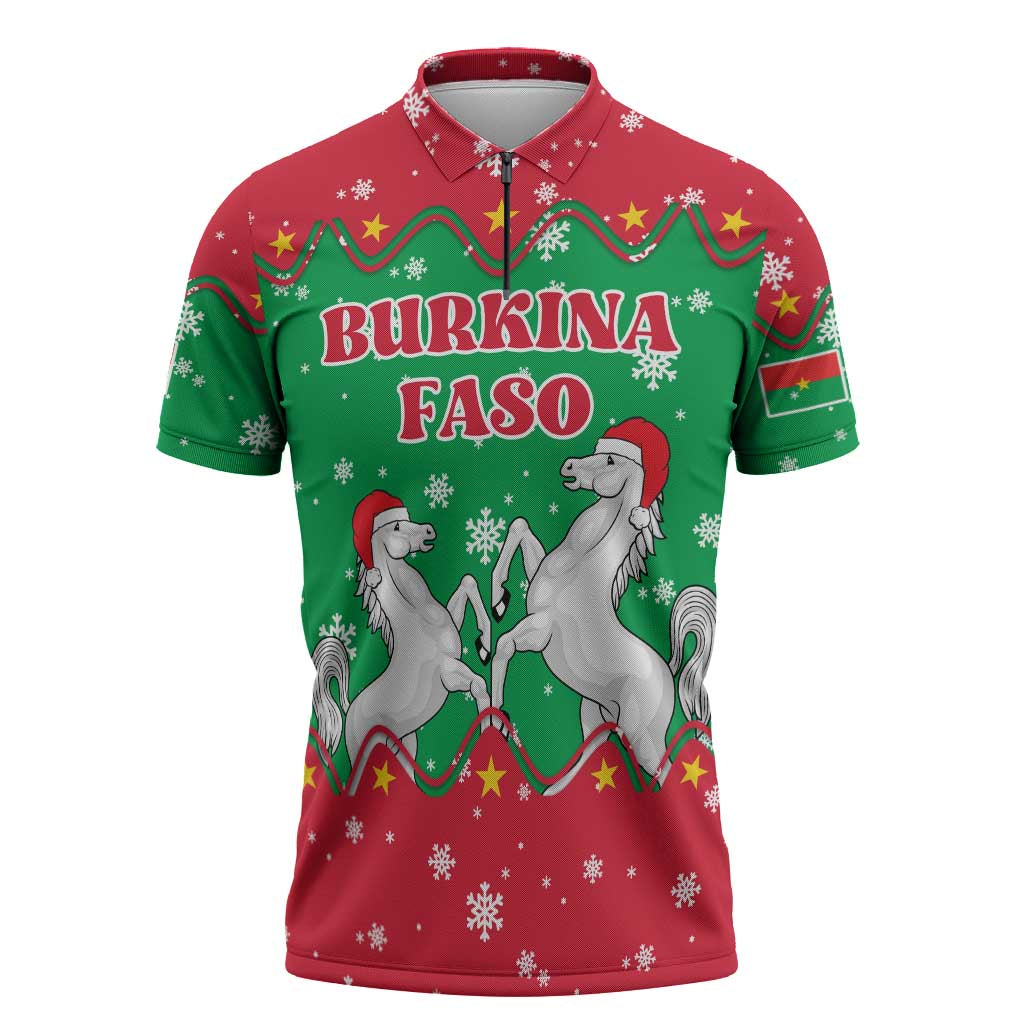 Christmas Burkina Faso Zipper Polo Shirt Snowflake Horses and Coat of Arms - Wonder Print Shop